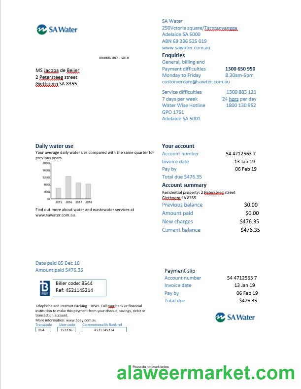 Netherlands SA Water utility bill in Word format